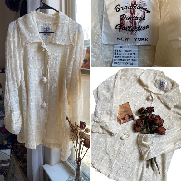 Vintage oversized Fall autumn sheer beige button down top - Picture 9 of 17